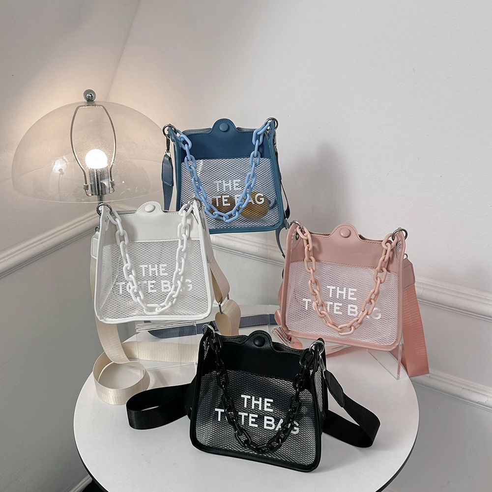 

Women Shoulder Bags Chain PVC Transparent Ladies Tote Bags Letter Print Fashion Simple Portable Lady Satchel Summer New 2023