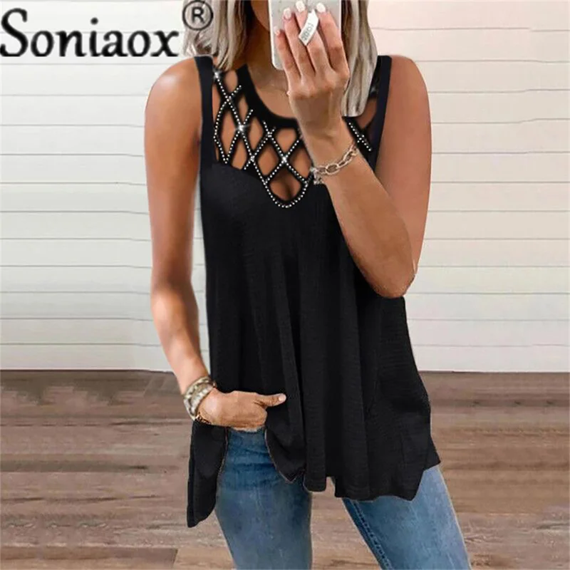 Купи Summer Women O Neck Solid Color Hot Drilling Tank Top Ladies Casual Loose Vest Sexy Hollow Out Sleeveless Pullover T Shirt Tops за 545 рублей в магазине AliExpress
