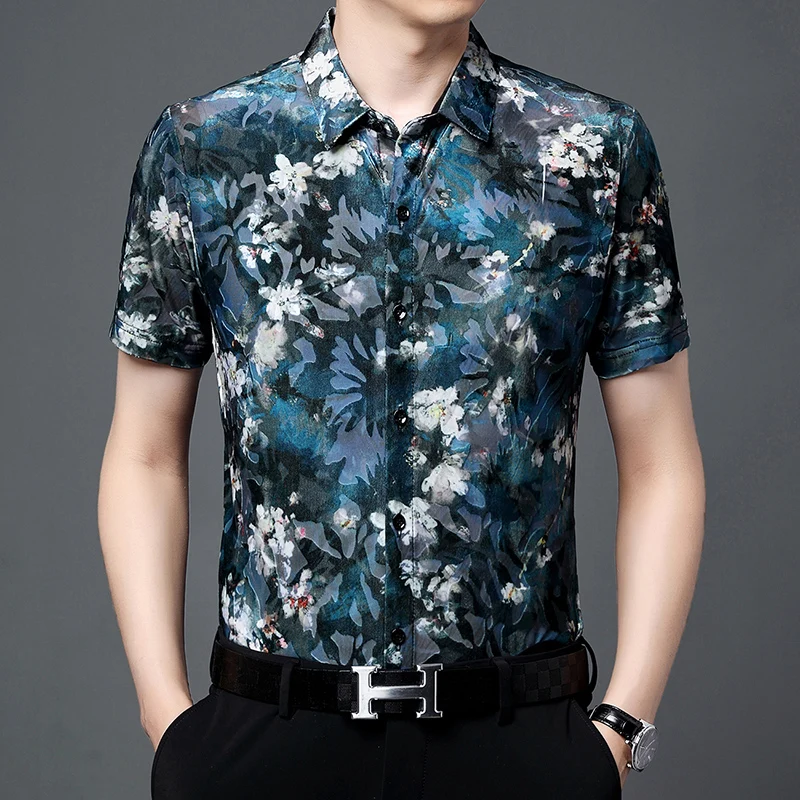 

Мужская Прозрачная Шелковая бархатная рубашка, темно-синяя велюровая Классическая рубашка с коротким рукавом и цветочным принтом, лето 2022