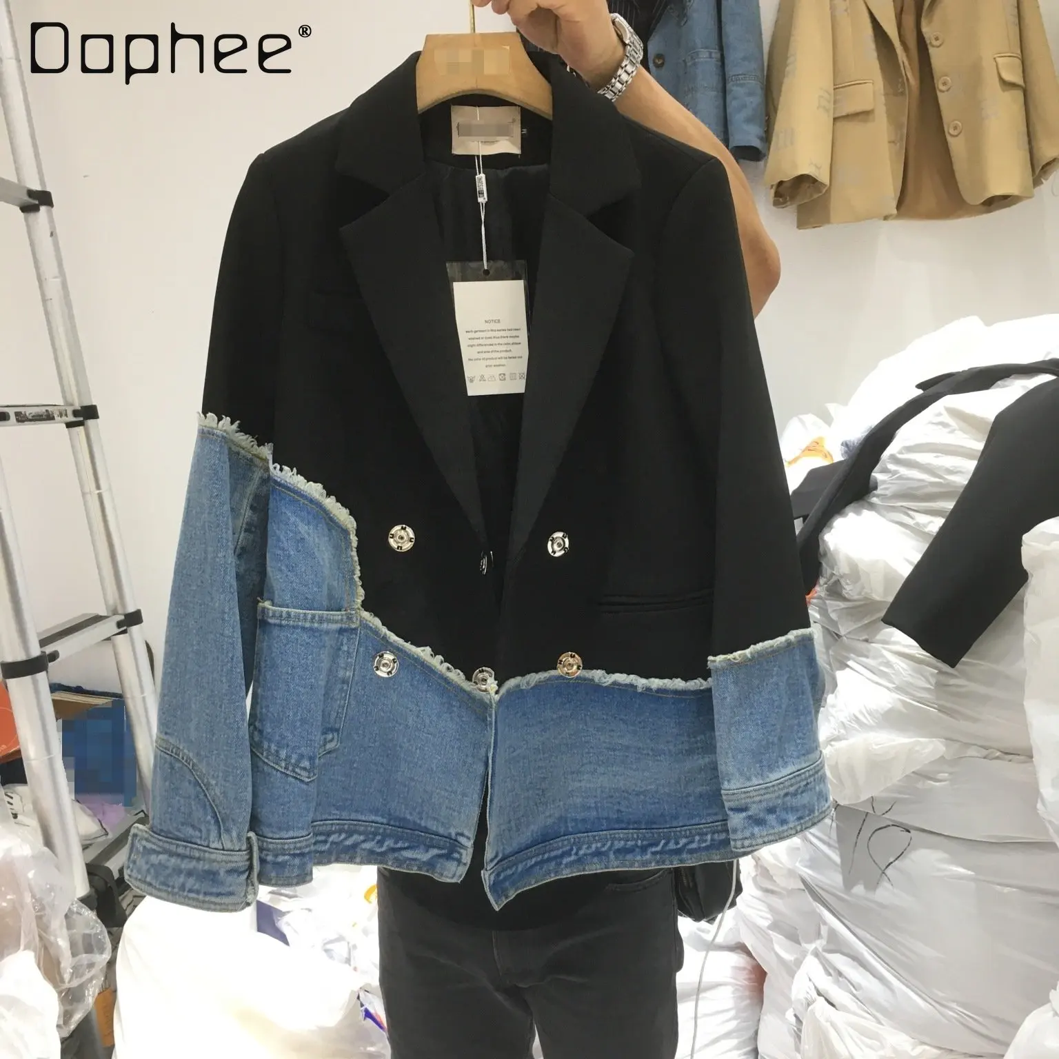 Fashionable All-Match Contrast Color Design Stitching Denim Jackets for Ladies Irregular Small Business Suit Coat for Women