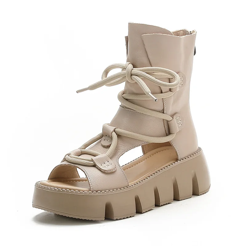 

New Sandals Woman Summer 2022 Fashion Retro Women's Shoes Genuine Leather Boots Sandals Hollow Platform Shoes Peep Toe High-top