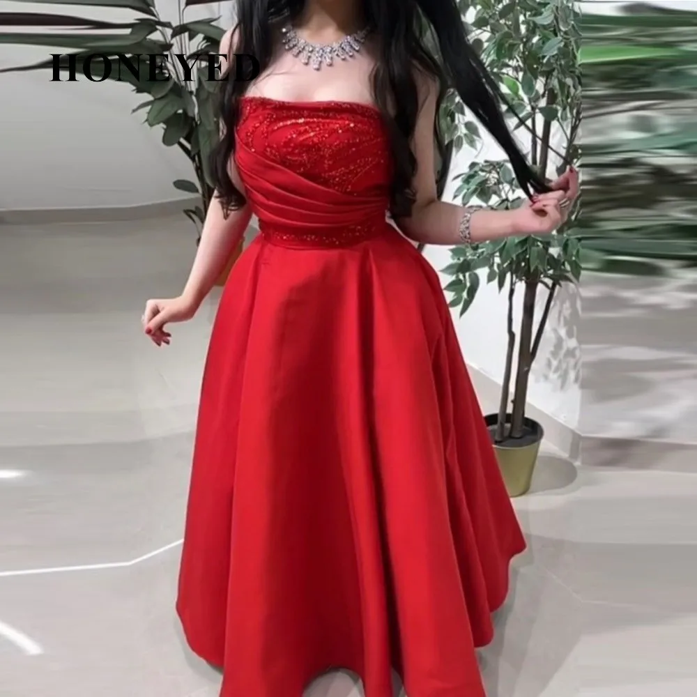 

Honeyed 2023 Sleeveless Bustier A-line Red Evening Dress Bridal Wedding Ceremony Birthday Party Formal Occasion Robeفساتين سهره
