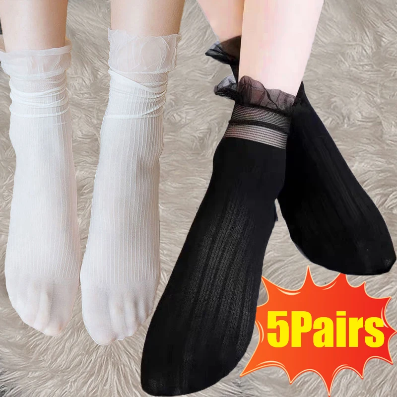 

Transparent Ruffle Velvet Stocking Ultra-thin Hollow Long Socks Summer 5Pairs/lot Retro Socks Out Sox Harajuku Frilly Lace Women