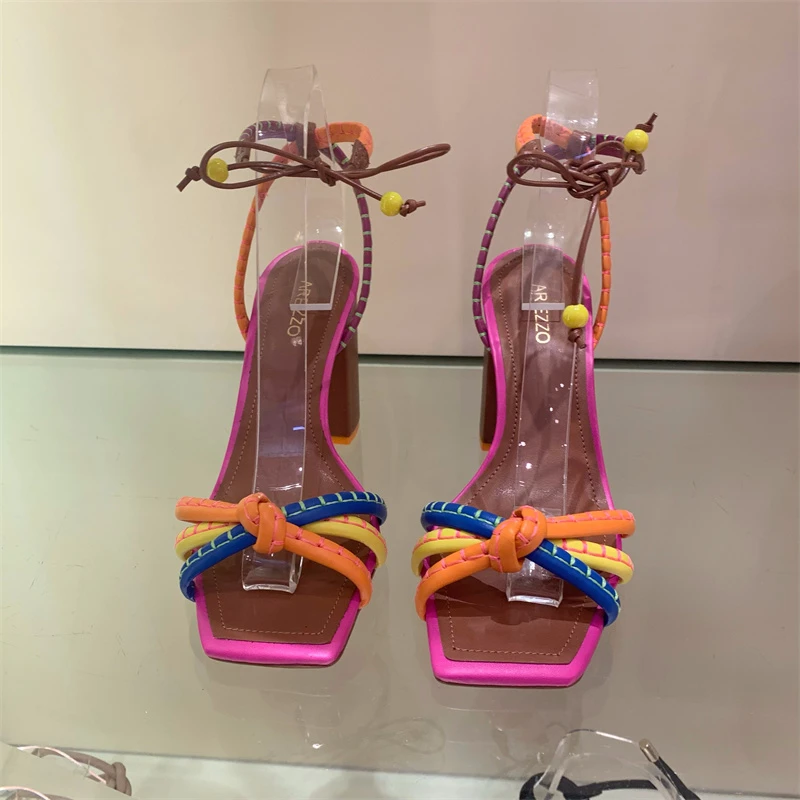 Fashion Ladies Sandals Summer New Roman High Heeled Colorful Strap Open Toe Block Heel Sandals Ethnic Commute platform heels