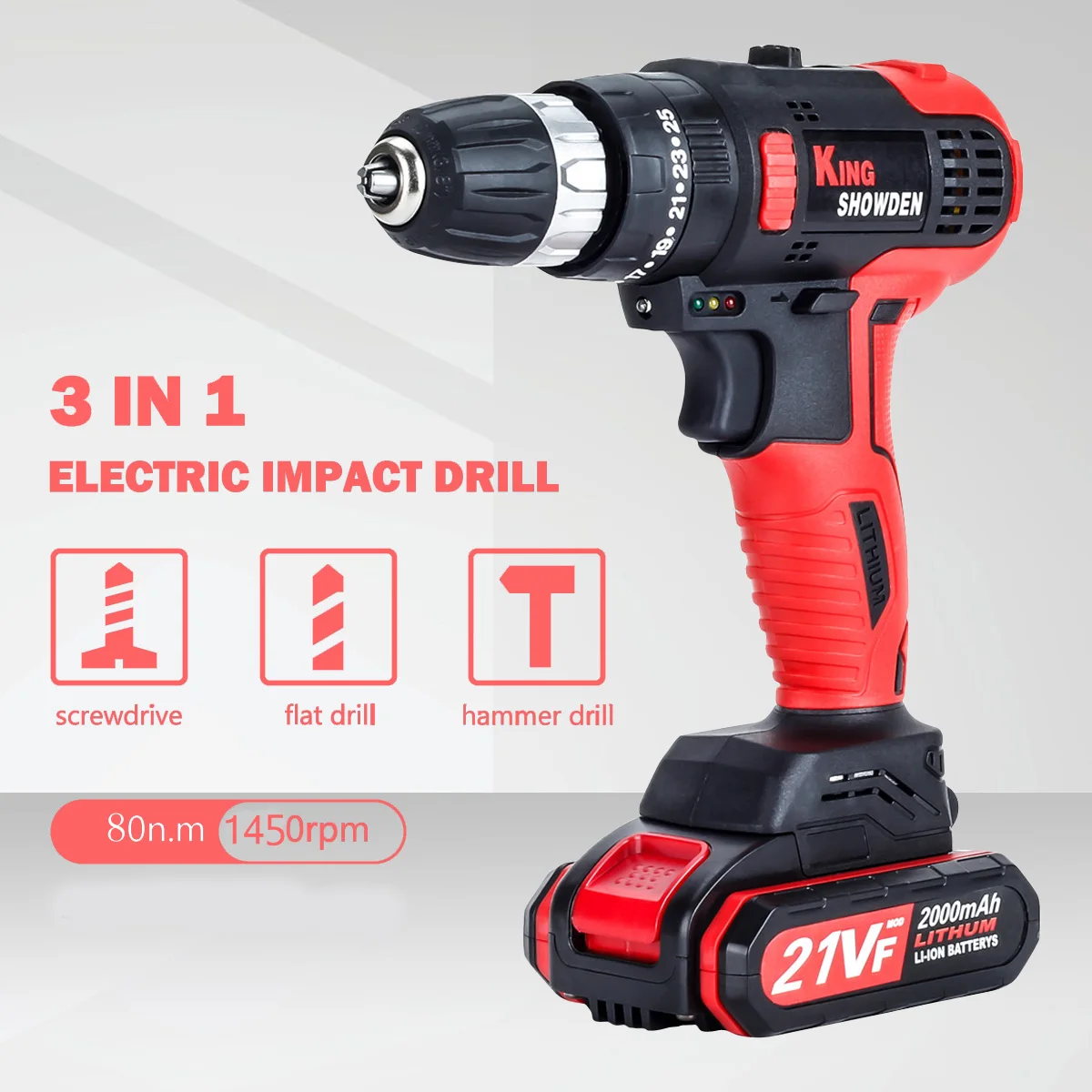 

21V Electric Impact Cordless Drill 50/80 N.M Lithium Battery Wireless Rechargeable Hand Drills Home DIY Power Tool 2 Pcs Battery