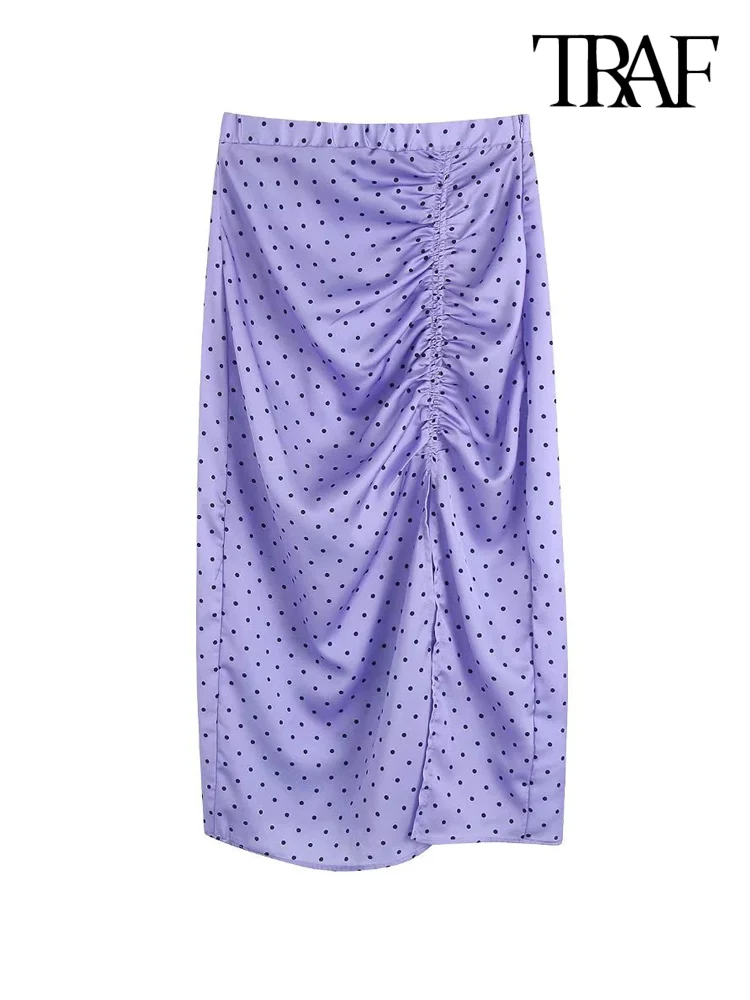 

TRAF Women Fashion Front Slit Polka Dot Draped Midi Skirt Vintage High Waist Side Zipper Female Skirts Mujer