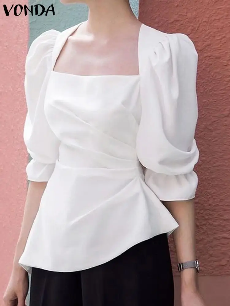 

VONDA 2023 Summer Sexy Square Collar Women Blouses Flare Sleeve Solid Color Tunic Tops Fashion Casual Loose Elegant Blusas Femme