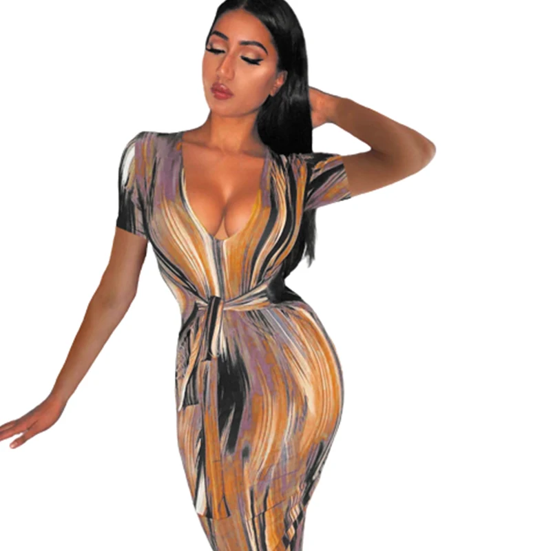 

Summer Sexy Deep V-Neck Belt Skinny Maxi Dress Woman Short Sleeve Print Bodycon Midi Trending Dresses Vestidos For Women 2022