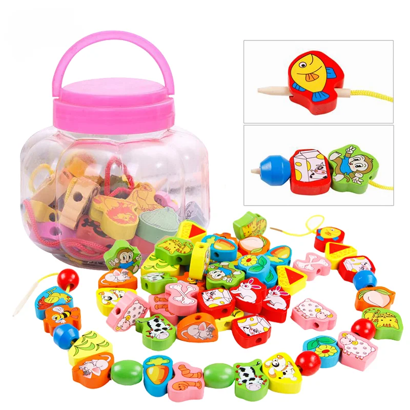 

26Pcs Blocks Cartoon Animals Fruit Block Wooden Toys Stringing Threading Beads Game Early Education Toys for Baby Kids Children