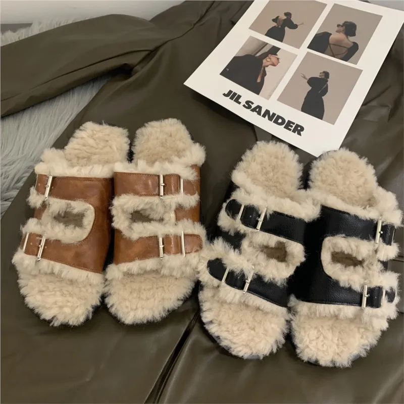 Mr Co Autumn Winter Womens Lambswool Slippers Double Belt Platform Flat Heels Buckle Shoes Soft Plush Outerwear House Slides