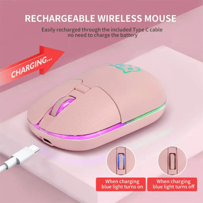 

Pink 2.4GHz 2400dpi Wireless Mouse USB Rechargeable Wireless Compatible RGB Mouse Ergonomic Durable Mute Mice With Backlight