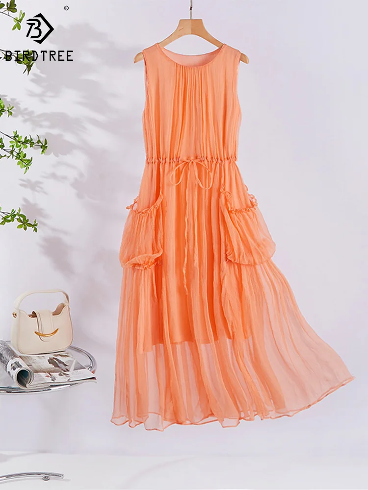 Birdtree 100%Real Mulberry Silk Boho Dresses for Women Clothes Summer Woman Dress Elegant Sleeveless Long Party Dresses D36555QM