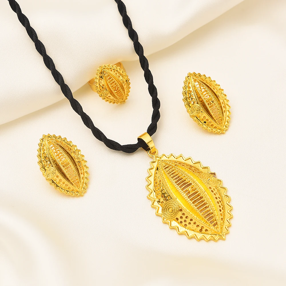 

Ethiopian Gold Plated Bridal Jewelry Sets Necklace Earrings Ring Gifts Wedding Jewellery Set For Women