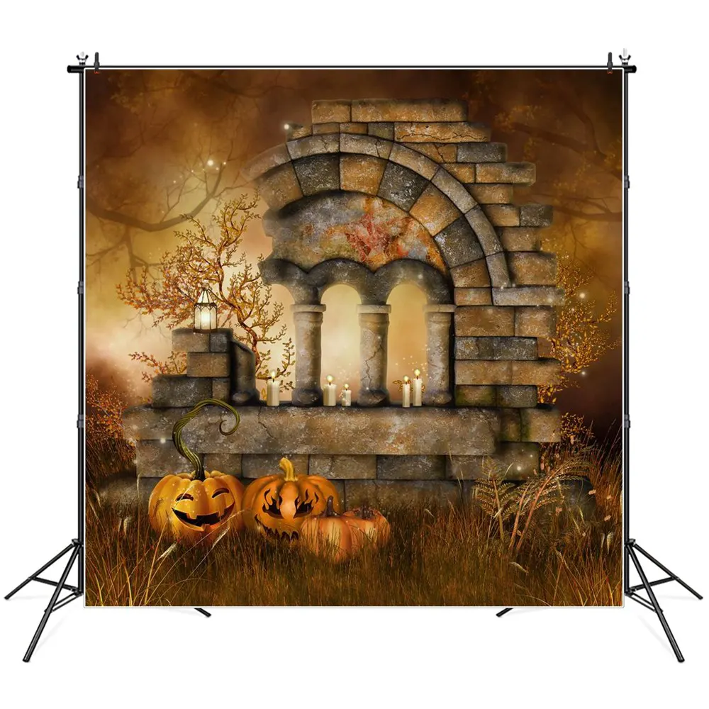 

Pumpkin Lanterns Halloween Photography Backdrops Custom Fog Forest Arch Ruins Candles Baby Party Decoration Photo Backgrounds