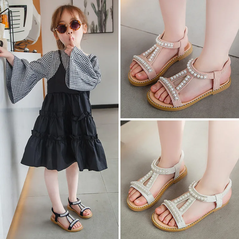 

2023 Summer New Girls' Pearl Sandals Baby Korean Open Toe Princess Shoes Toddler and Children Children Wholesale