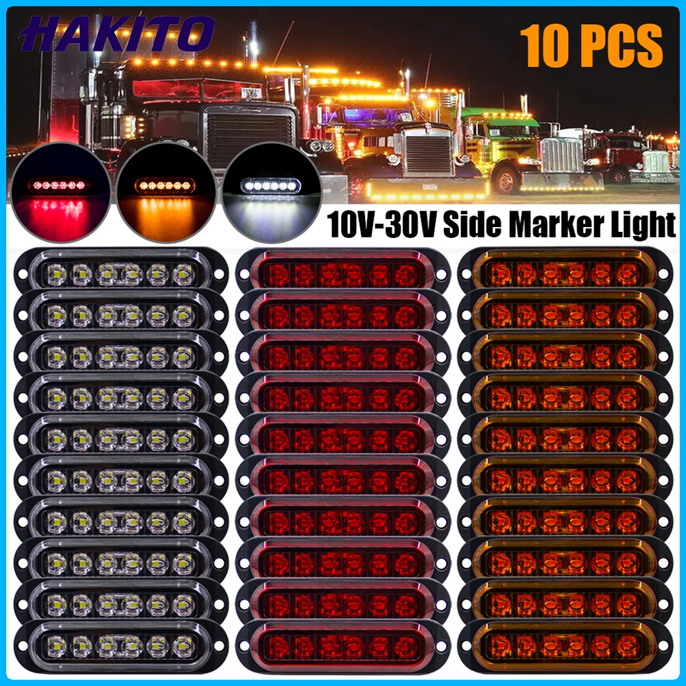 10PCS 12V 24V 6 LED Side Marker Lights Warning Light Auto Car External Lights Trailer Truck Lorry Clearance lamp Red Amber White
