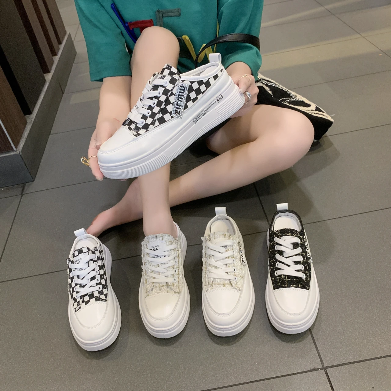 Women's Sports Shoes Checkerboard Pattern Baotou Half Slippers 2023 Summer New Thick Soled Women's Casual Shoes Vulcanized Shoes