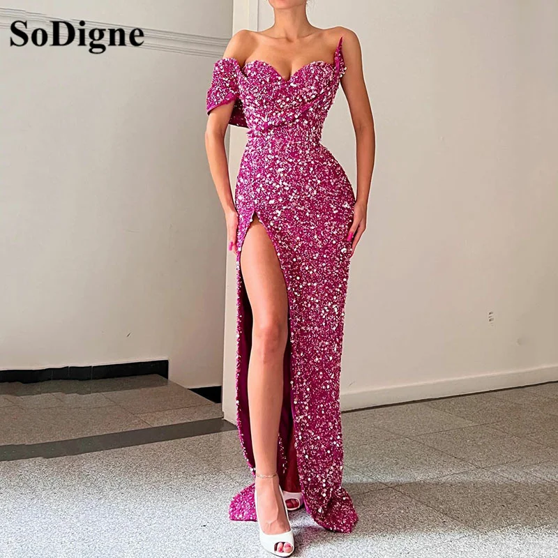 

SoDigne Mermaid Purple Sequined Long Prom Dress Sweetheart Slit Evening Dresses Floor Length Women Formal Party Gowns