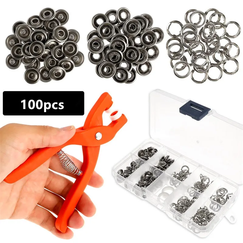 

Набор кнопок для шитья «сделай сам», Ручные плоскогубцы, инструмент, 100 комплектов, набор застежек, металлические кнопки с крепежным элементом