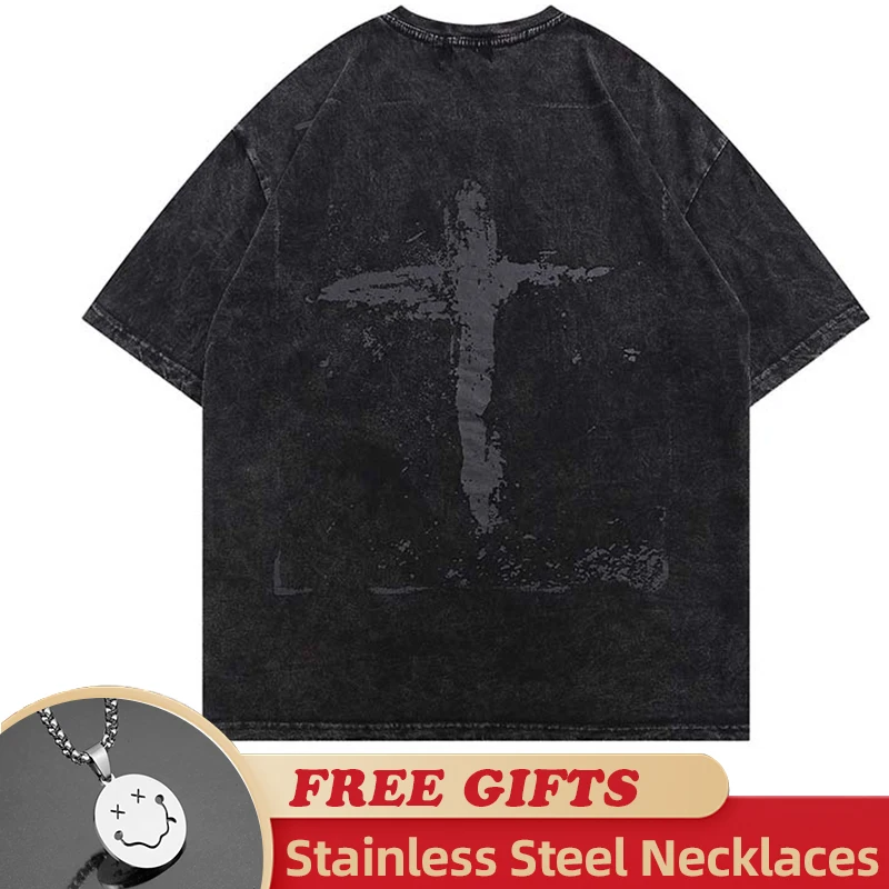 

Old Design Men Washed T Shirt Hip Hop Streetwear Cross Printed 2023 Harajuku Cotton Loose Tshirt Summer Short Sleeve Tops Tees
