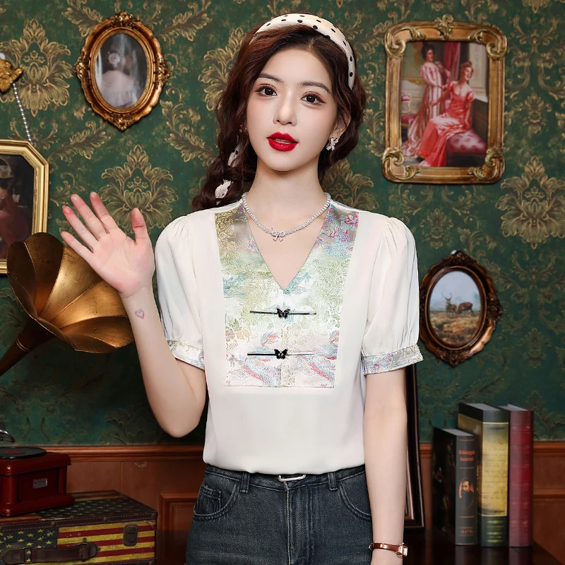 Женская шифоновая блузка с коротким рукавом V-образным вырезом и вышивкой