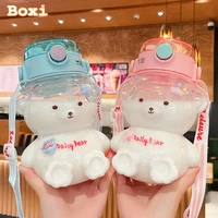 1200ml cute bear kids water bottle with straw kawaii bubble tea cup portable strap large capacity outdoor double drinking kettle