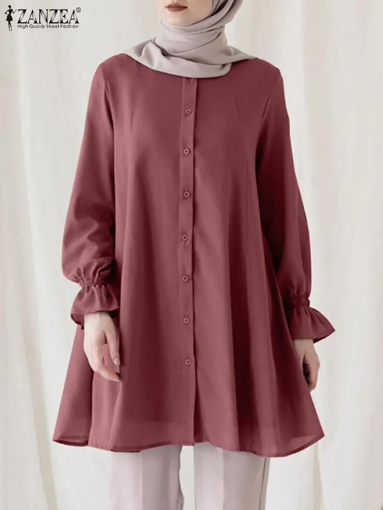 

Eid Mubarek Abaya Turkey Blouse ZANZEA Women Fashion Long Sleeve Shirt Causal Tops Dubai Kaftan Ramadan Solid Isamic Clothing