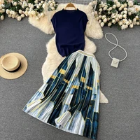 women autumn spring knitted two pieces sets korean tank sleeve pullover sweater tops and high waist pleated print skirts ol sets