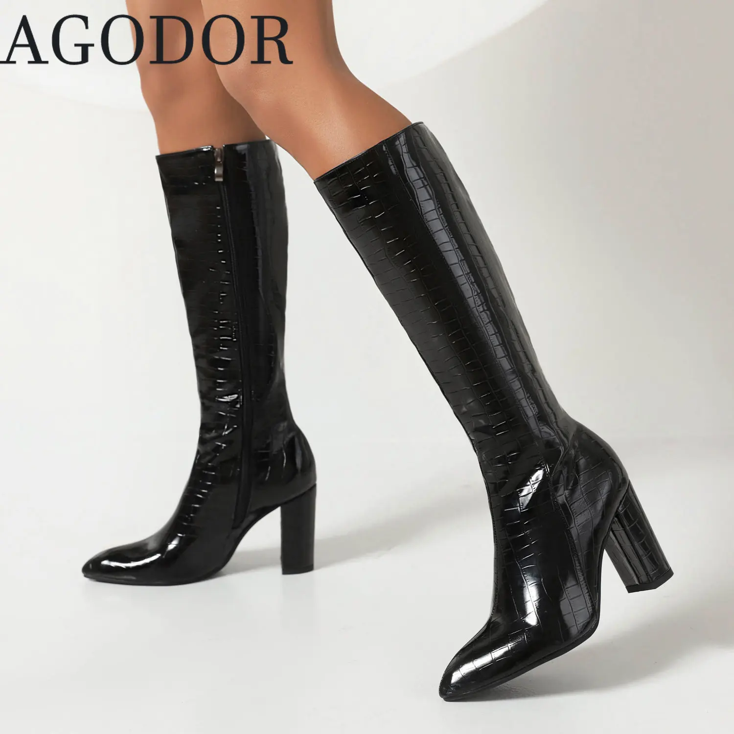 

Agodor Pointed Toe Knee High Boots Block High Heel Knee Length Boots for Women All Match Warm Knee Length Boots Women Shoes