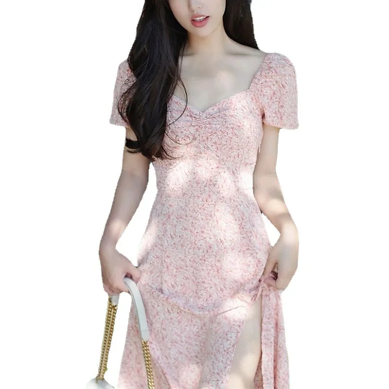 

2023 Summer French Style V-neck Gentle Autumn Pink Floral Dress for Women