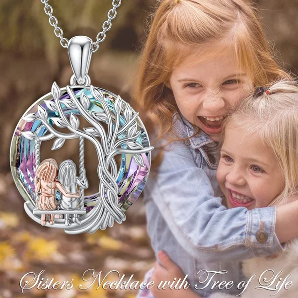 

Silver Tree of Life Sister on The Swing Crystal Pendant Necklace Sisters Necklace with Circle Multicolor Crystal Pendant