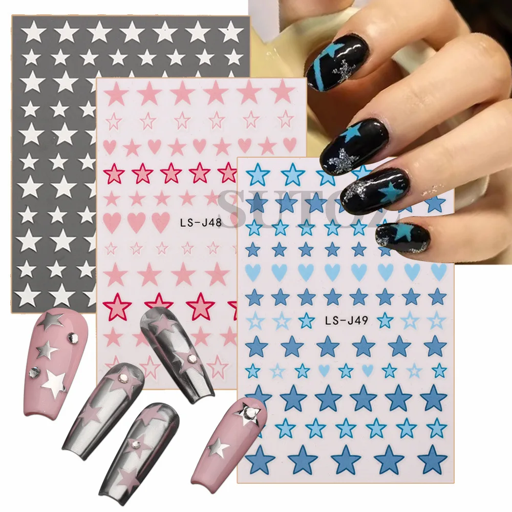 

1Pcs Blue Pink Star Nail Stickers Heart Nail Charms Self-Adhesive Sliders Silver Chrome Gel Polish Decals Kawaii Accesories