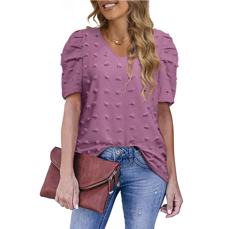 

Women's Wear 2022 Summer Hot Sale V-neck Chiffon Bubble Casual Loose Short-sleeved T-shirt