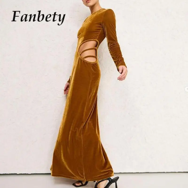 

Женское банкетное длинное платье с круглым вырезом, модное великолепное сексуальное бархатное вечернее платье, зимнее платье-макси с вырезами