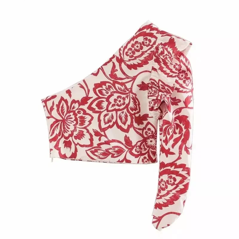 

2023New women's t-shirt Floral pattern T-shirt One shoulder clothes y2k crop top vintage Diagonal collar Sexy Female Top Tee
