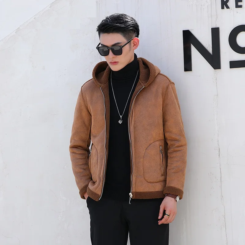 2022 Plush Thickened Faux Suede Hooded Jacket Imitation Leather Coat Fur Integrated Warm Jackets Couple Clothes Winter Coat Men
