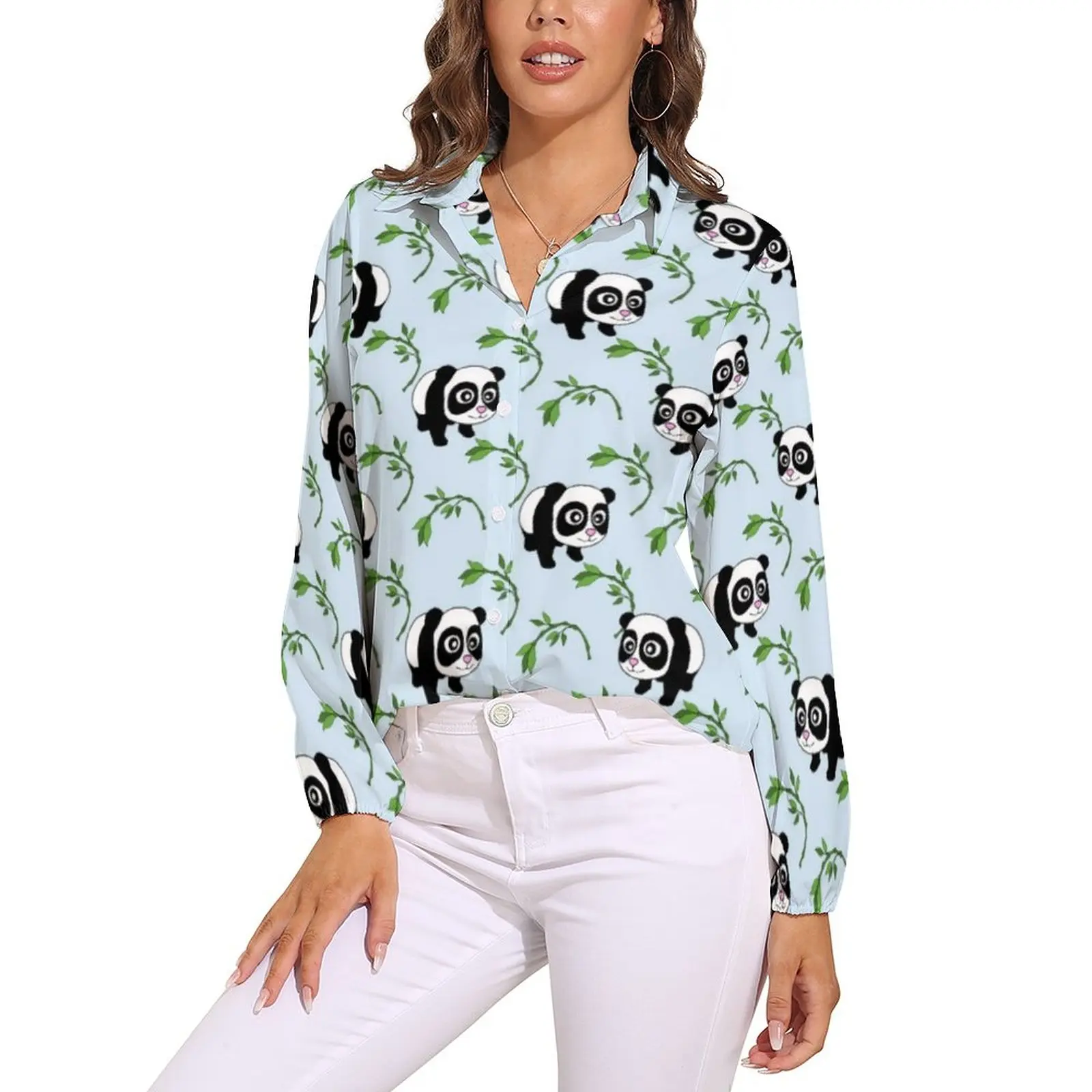 

Adorable Panda Blouse Cute Animal Print Funny Design Blouses Women Classic Shirt Summer Long-Sleeve Oversize Top