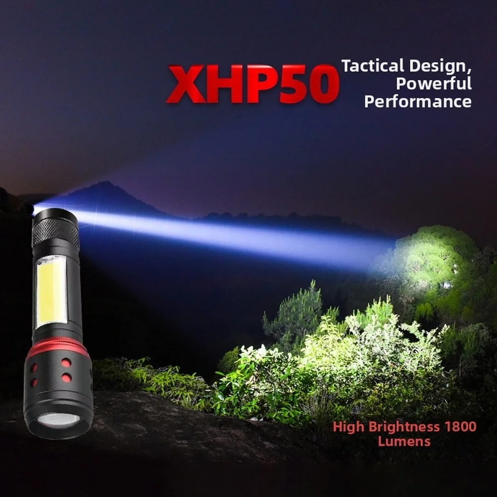 Фото Фонарь с регулируемой яркостью XHP50, фонарик для кемпинга, пешего туризма, USB-порт для зарядки, встроенный литиевый аккумулятор, три режима освещения №4