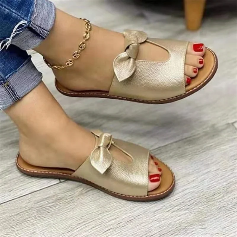 Women's Bow Tie Decor Casual Slippers Summer New Open Toe Round Toe Solid Ladies Beach Flat Slides Women's Outdoor Comfy Shoes