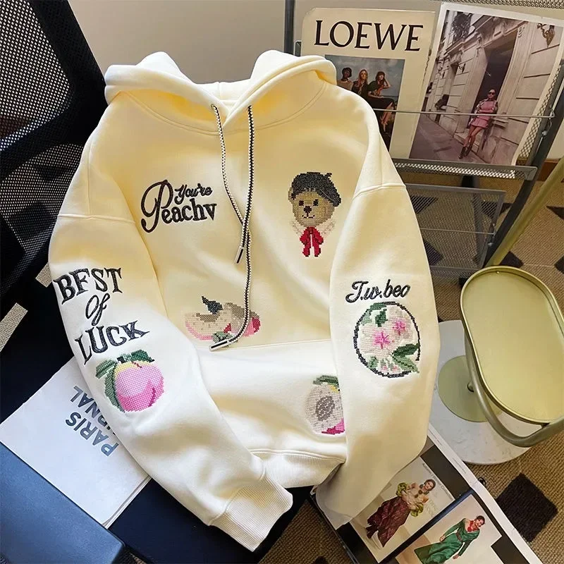 Свободные толстовки с абрикосовой персиковой вышивкой женские куртки уличная