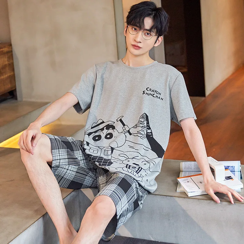 New Men Pajamas Sets Summer Thin Short-sleeved Pajama Wear Outside Home Clothes Loose Casual Comfortable Two-piece Suits
