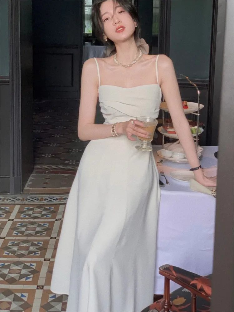 

Элегантное женское платье средней длины в Корейском стиле, летняя Офисная Женская одежда на бретелях-спагетти для вечевечерние, одежда на л...