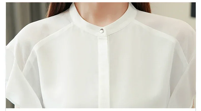 Женская шифоновая блузка с коротким рукавом и воротником-стойкой