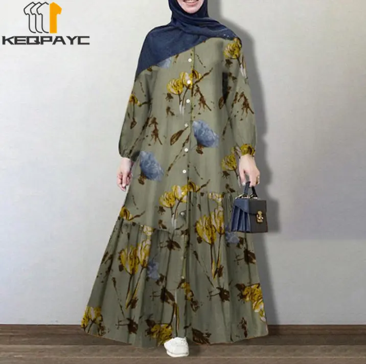 New Muslim Women Dubai Abaya Cotton Linen Long Dress Kaftan Islam Arab Vintage Print Loose Dresses Robe Middle East Eid Clothing