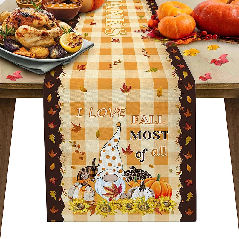 

Autumn Thanksgiving Atmosphere Decoration Dining Table Cloth Cover Pumpkin Maple Leaf Printed Polyester Table Flag 33x183cm