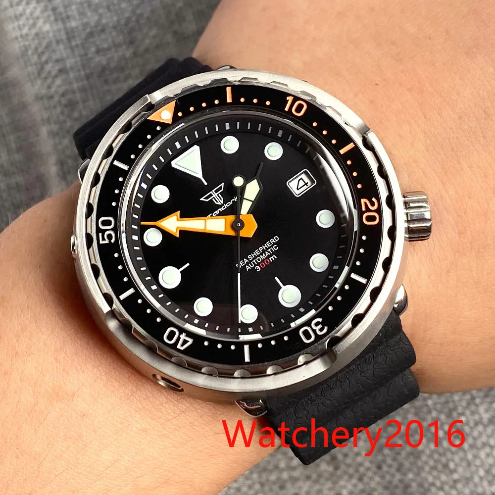 

46.5mm Tandorio Super C3 Green Luminous Sapphire Mens Dive Automatic Watch Japan NH35A Black Dial 300M Waterproof Rubber Strap