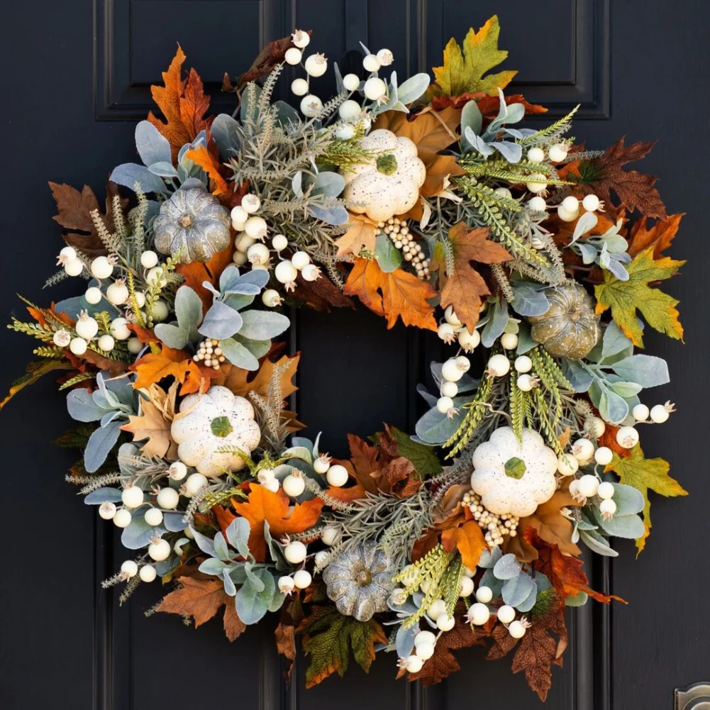 

Artificial Eucalyptus Wreath for Front Door Fall Wreath Green Leaf Pumpkin Wreath for Harvest Thanksgiving Festival Porch Decor