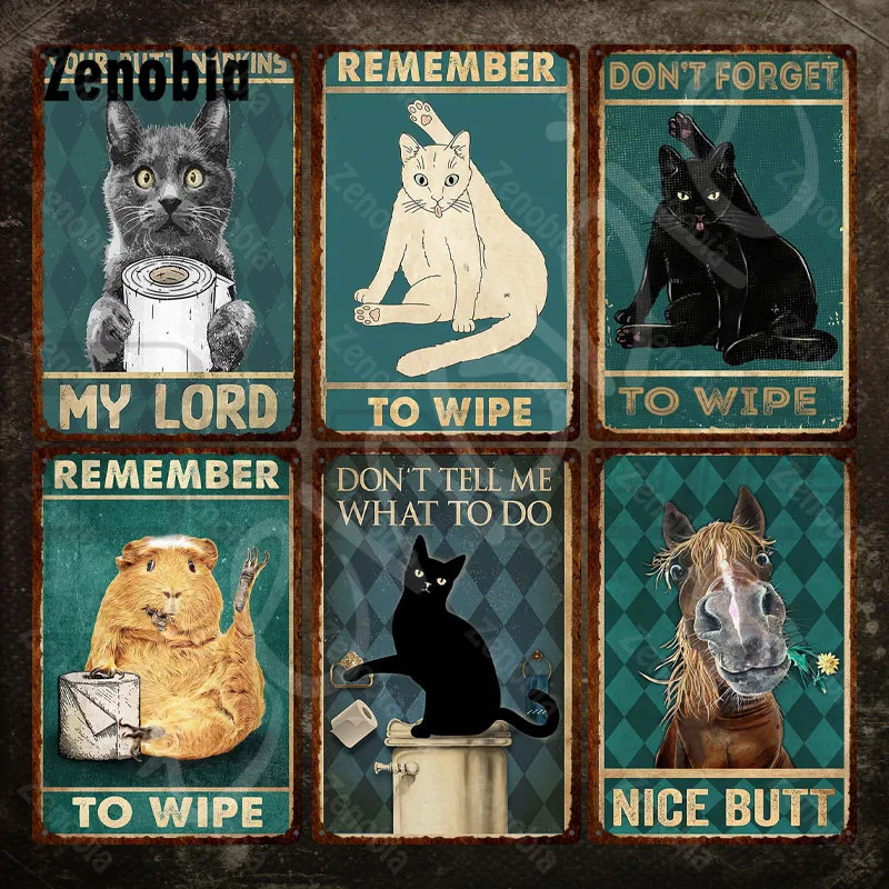 

Funny Animals Metal Sign Cute Cat with Text Don't Forget To Wipe Vintage Tin Sign Iron Painting Wall Stickers for Toilet Decor