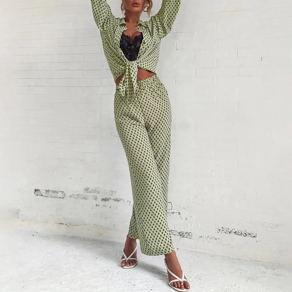 

Soft 2 Pcs/Set Trendy Wide Leg Lapel Autumn Shirt Pants Set Long Sleeve Women Outfit Suit Stripe Women Clothing