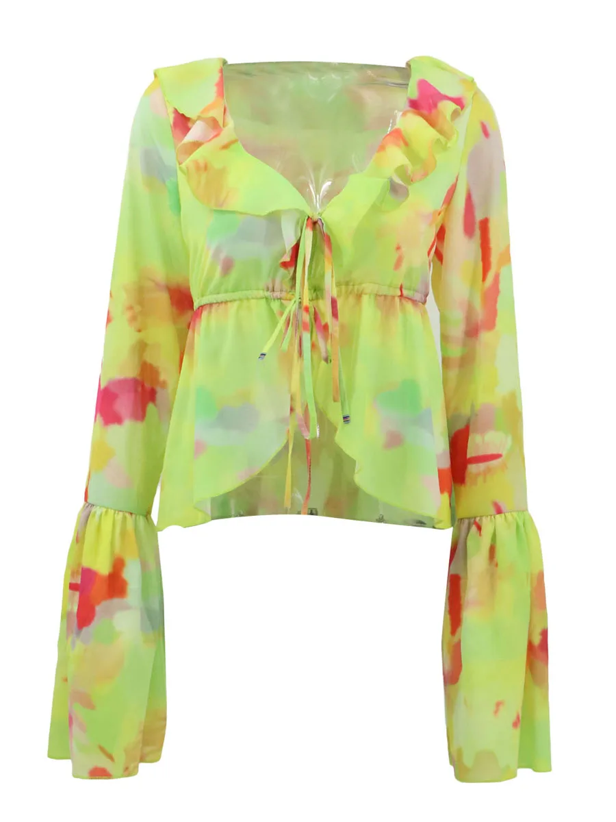 

Женский короткий топ Y2K с абстрактным градиентным принтом, облегающая блузка с длинным Расклешенным рукавом, V-образным вырезом и завязкой спереди, футболки